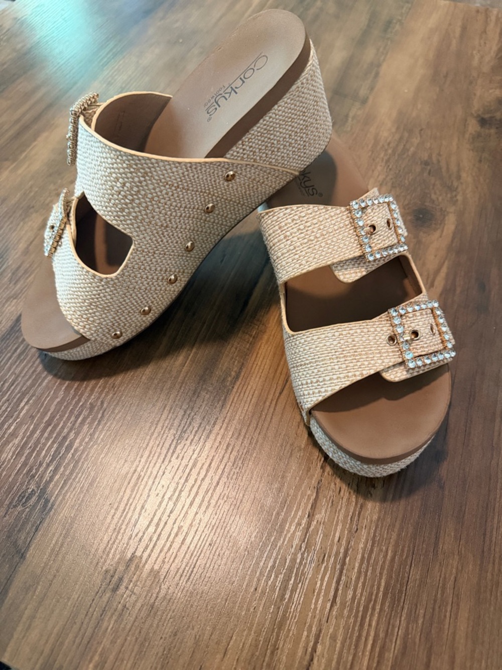Corkys Footware Rhinestone Buckle Straw-Style Slide Sandals in Beige size 9